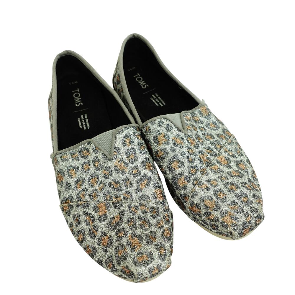 Toms Womens Glitter Cheetah Print Classic Slip-On Shoes Round Toe Gray Size 9.5